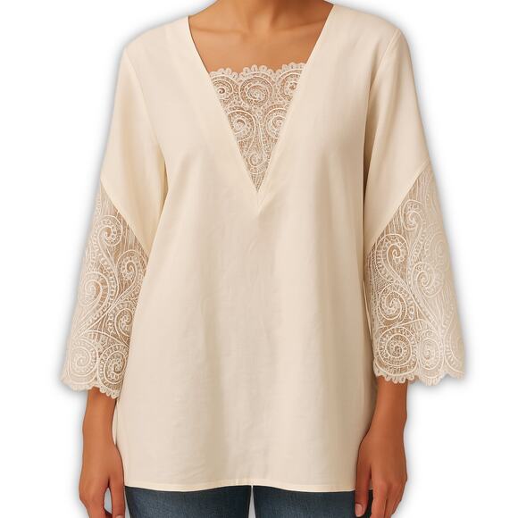 Bob Mackie Ivory Linen Tunic Lace Sleeve Boho Romantic Resort Coastal Medium - Picture 1 of 9